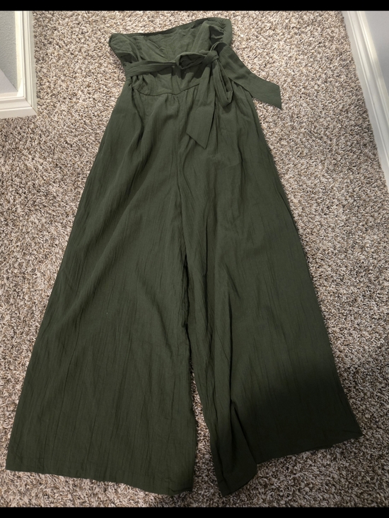 American Eagle Outfitters Pants - American Eagle Outfitters Olive Green Strapless Wide-Leg Jumpsuit with Tie Waist